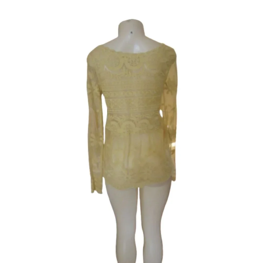 Sundance Yellow Sheer Lace Peplum Top XS Rayon/Spandex